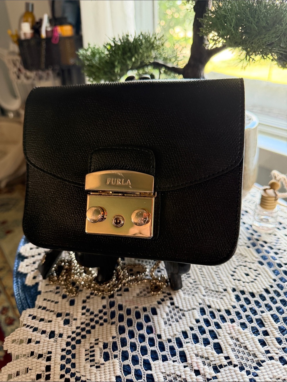 Adorable Furla Black Leather Mini Shoulder Bag with Gold Hardware